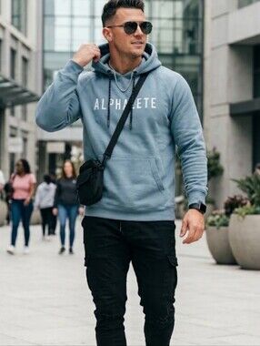 ​Alphalete Men’s Blue Embroidered Spellout Logo Gym Athletic Hoodie